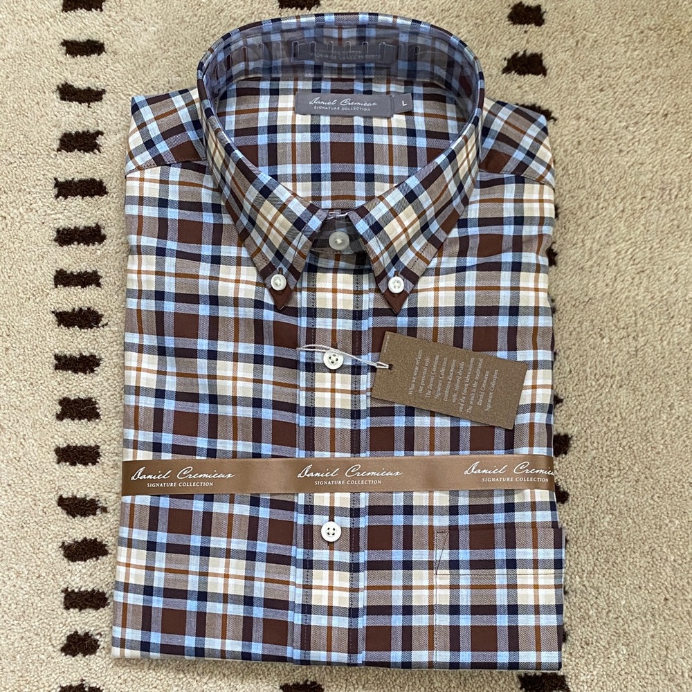 Daniel Cremieux Brown and Light Blue Plaid Button-Down Shirt. Long sleeve